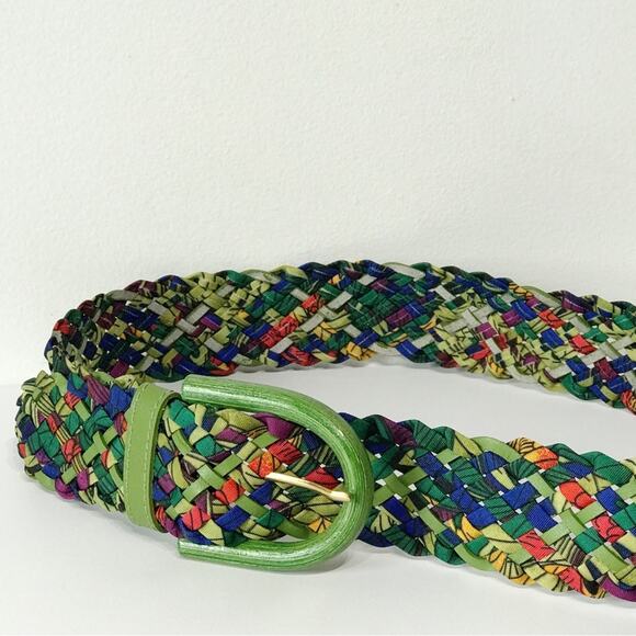 Vintage Ritz Bright Bamboo Buckle Lime Green Purple Woven Braided Belt Tropical - Picture 6 of 15